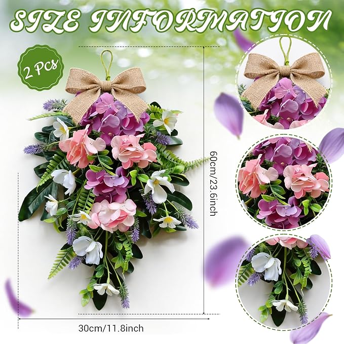 2 Pack 22'' Summer Tropical Swag Wreaths for Cabinets Artificial Hibiscus Flowers Teardrop Wreath with Palm Leaf and Fern Fronds Floral Wreath Hanger for Farmhouse Front Door Porch Window Wall Hanging