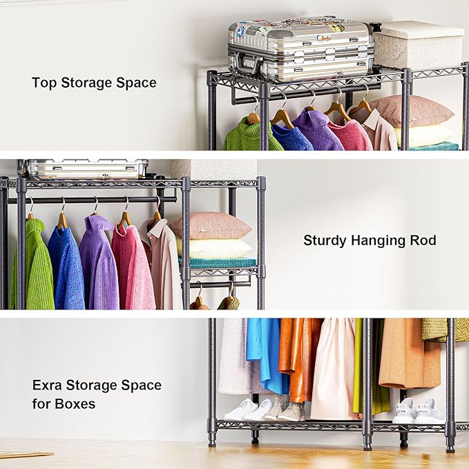 Heavy Duty Rolling Garment Rack 3 Tiers Adjustable Wire Shelving Clothes Rack with 3 Rods and Side Hooks,Storage Closet Clothing Rack Black 15.7" D x 43.3" W x 76.5" H