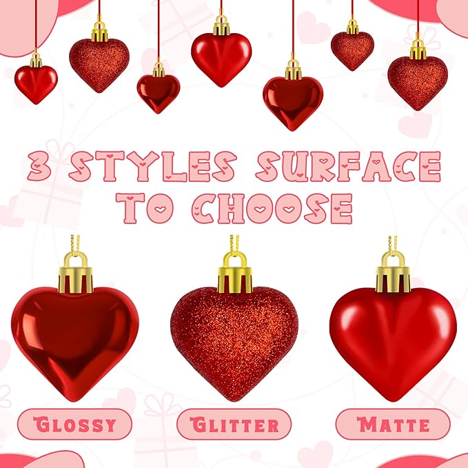 48PCS Heart Shaped Ornaments, Red Heart Shaped Ornaments, Valentines Heart Hanging Ornaments in 2 Sizes, Glossy Heart Baubles for Valentines Wedding Christmas Tree Party Decorations