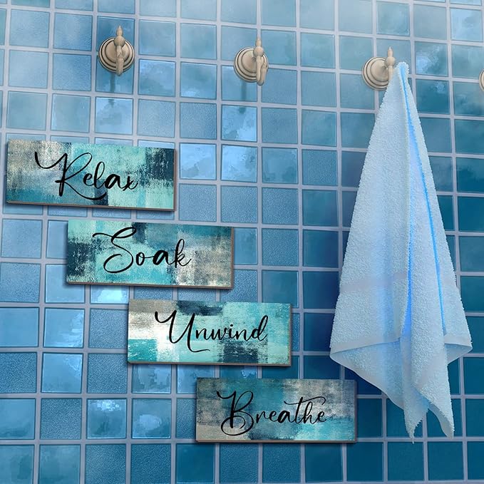 Maitys 4 Pcs Bathroom Wall Decor 10 x 4 Inch Bathroom Wall Art Contemporary Wood Restroom Pictures for Soak Unwind Relax Hanging Sign Spa Rustic Vintage Farmhouse Pediments(Turquoise and Grey)