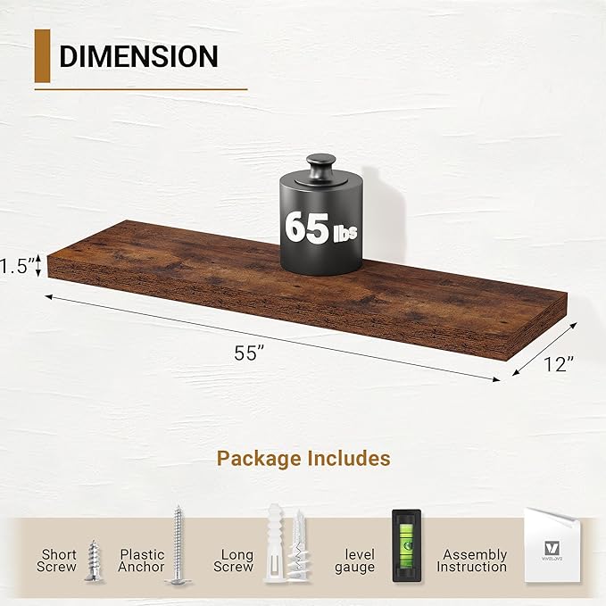 Vivelove 55x12 Floating Shelves, Deep Floating Shelves for Wall with Invisible Brackets, for Living Room Bedroom, Farmhouse Rustic Shelves Home Decor, Set of 2, Rustic Brown