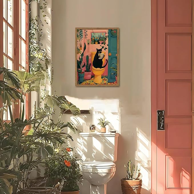 Funny Black Cat Bathroom Wall Art Whimsical Cat Reading Newspaper on Toilet Wall Decor Picture Cute Animal Bathroom Poster Canvas Painting Prints for Restroom 16x24 inch Framed