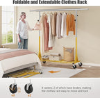 Rolling Clothes Rack Load 530lbs,Heavy Duty Garment Rack With Sturdy Wheel And Shelves, Adjustable Portable Hanging Rack For Clothes, Gold