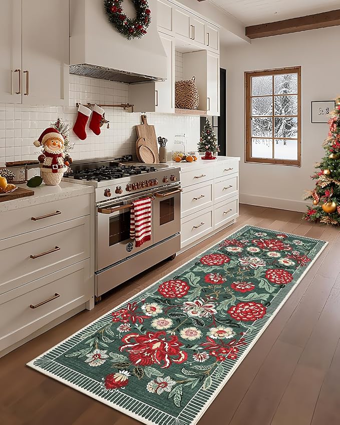 GarveeHome Floral Botanical 2x6 Washable Kitchen Runner Rugs Non Slip Grey Green Vintage Boho Cottage Long Rug for Hallways Bedroom Entryway Bathroom Mat with Rubber Back