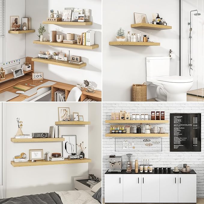 RICHFOCUS 48Inch Floating Shelves for Wall 2 Pack Shelves for Bedroom|Kitchen|Bathroom Wall Mounted Rustic Wood Floating Shelf with Invisible Brackets for Books|Storage|Decor, Oak