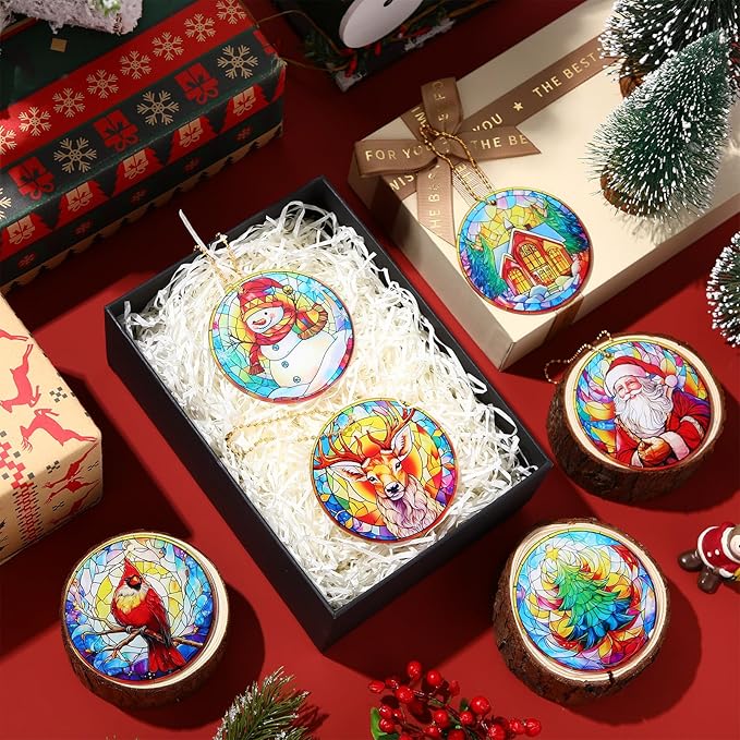Vercraft 6 Pcs Christmas Tree Hanging Ornament Stained Glass Style Christmas Tree Decoration Xmas Round Window Hanging Art Santa Claus Acrylic Ornament Decorations Gifts (Retro)