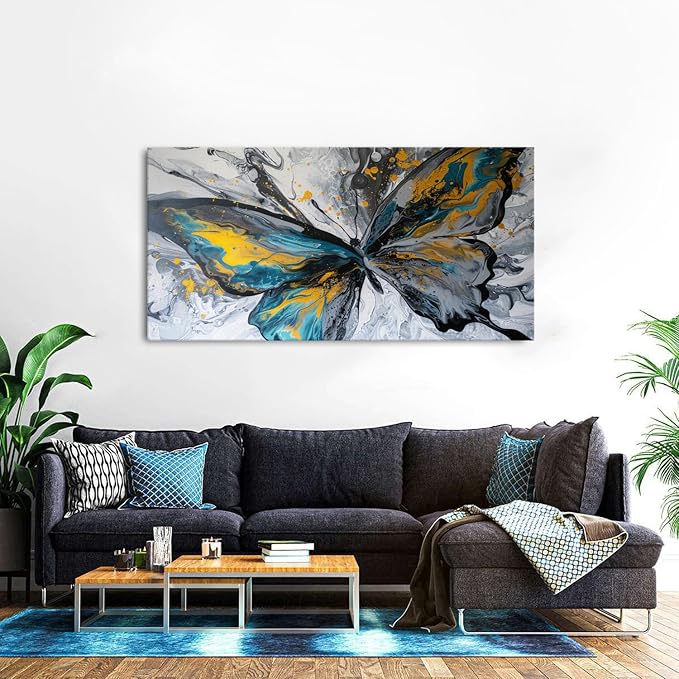 Abstract Butterfly Wall Art Teal Grey Yellow Butterfly Wall Decor Modern Marble Textured Canvas Poster Luxury Fluid Pictures Watercolor Neutral Artwork Living Room Bedroom Home Decoration 29.53x57.87"