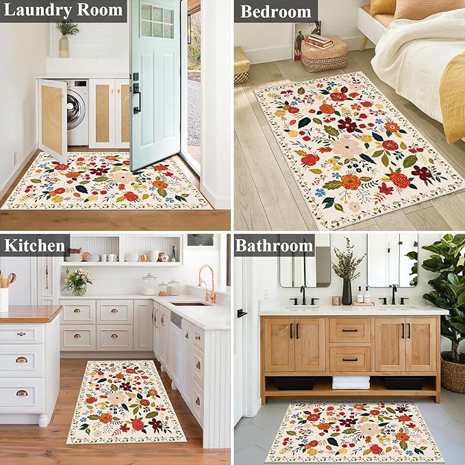 U'Artlines Indoor Door Mat Entrance Rug 2'x3'Soft Non Slip Machine Washable Floral Small Area Rug Carpet for Entryway Kitchen Bathroom Bedroom Beige