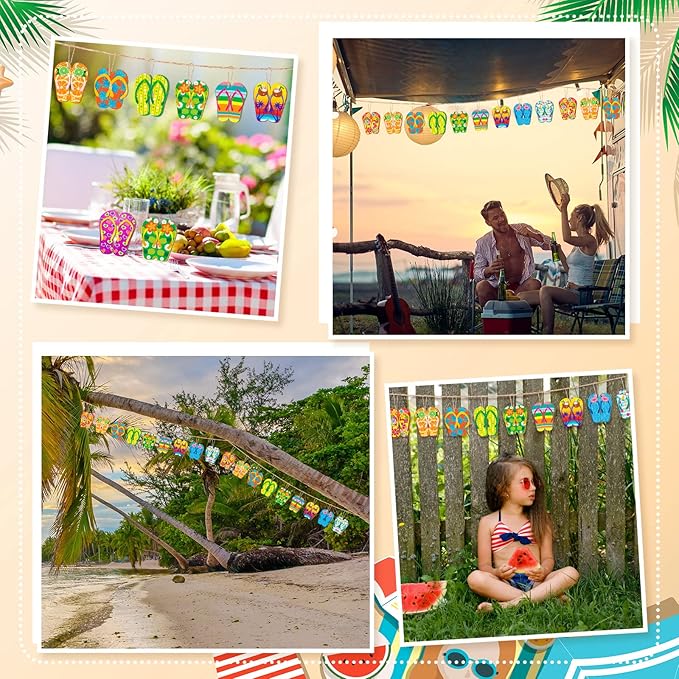 Geelin 36 Pcs Summer Wood Hanging Ornaments for Tree Mini Tree Decorations Hawaiian Beach Wooden Pendant Decorations with String for Luau Party Supplies(Slipper)