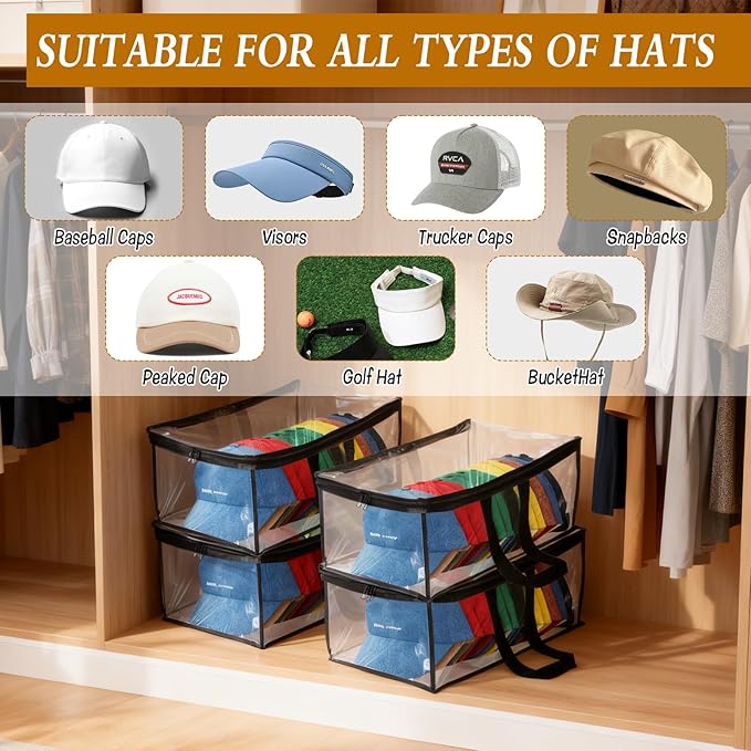 4 Pcs Hat Storage for Baseball Caps, All Clear Hat Organizer for Baseball Caps with 2 Sturdy Handles Stackable Hat Bags Holds Up to 48 Hats, Foldable for Home and Travel