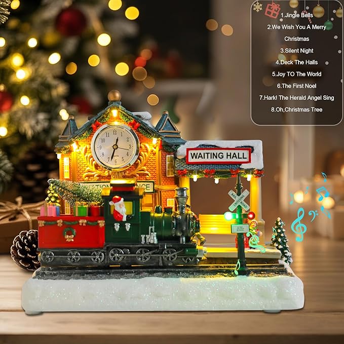 WONDER GARDEN Christmas Village Houses-Christmas Houses Village - Lighted Musical Railway Station Collectible Buildings with Moving Train for Home Indoor Decor or Gift