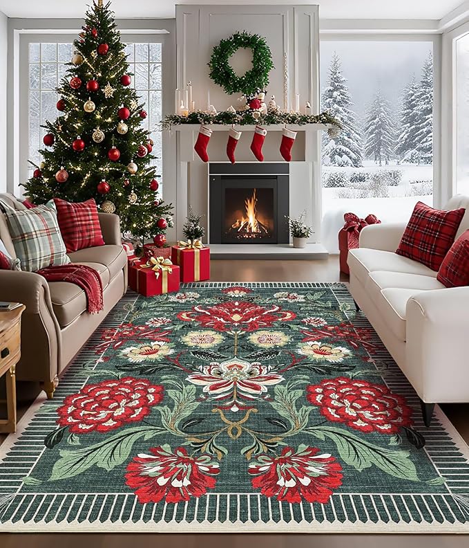 GarveeHome Floral Botanical Washable 9x12 Area Rug for Living Room Soft Grey Green Vintage Boho Cottage Large Rugs Low Pile Carpet for Bedroom Dining Nursery Rug