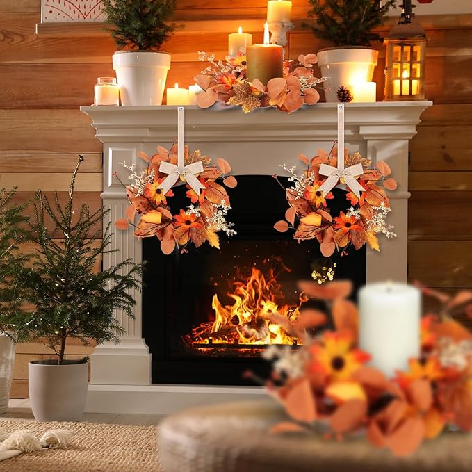 6 Pcs 3 Inch Fall Floral Wreaths Autumn Harvest Sunflowers Pumpkins Leaves Berries Hanging Candle Rings Wreath Mini Thanksgiving Table Centerpiece Wreath for Pillar Cabinets Farmhouse Decoration