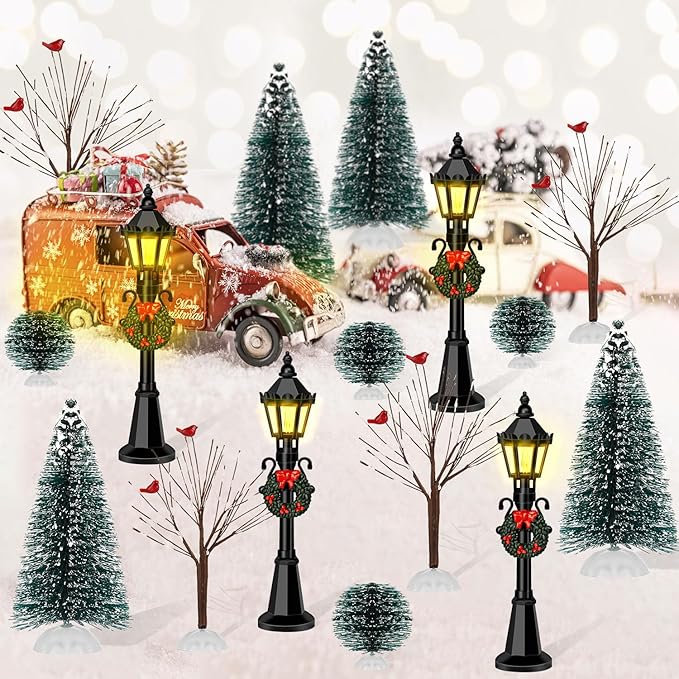 16 PCS Christmas Figurine Village Accessories, Mini Street Light Models with Brush Trees, Miniature Christmas Pathway Street Lamps Lantern Post for DIY Micro Landscape Fairy Garden