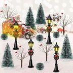 32 PCS Christmas Figurine Village Accessories, Mini Street Light Models with Brush Trees, Miniature Christmas Pathway Street Lamps Lantern Post for DIY Micro Landscape Fairy Garden