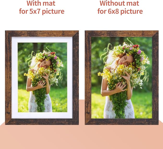 Lyeasw 5x7 Picture Frame 15 Pack, Display Pictures 5x7 with Mat or 6x8 without Mat, Brown Rustic Bulk Photo Frames for Wall or Tabletop