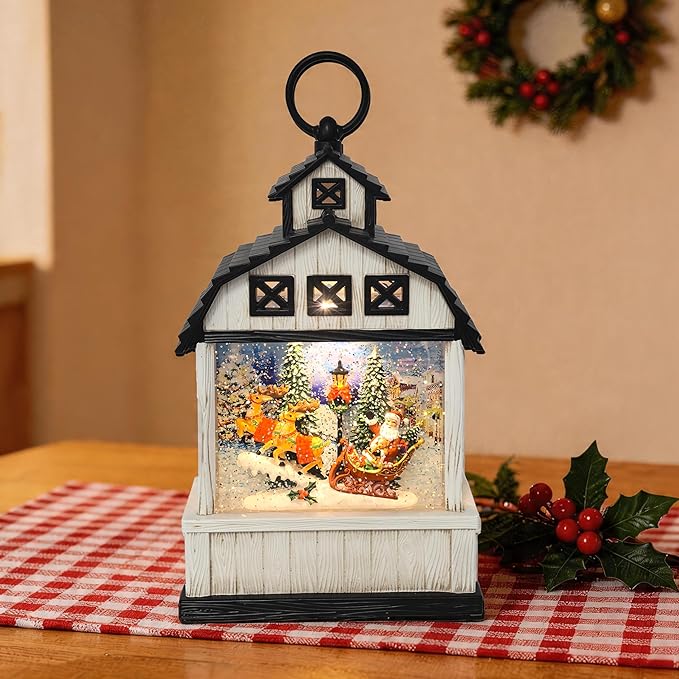 11-Inch Lighted Barn Lantern Swirling Water Glitter Globe with Santa Sleigh Scene, Battery Operated, 8H Timer, Holiday Sparkling Gift and Indoor Christmas Home Décor (Barn)