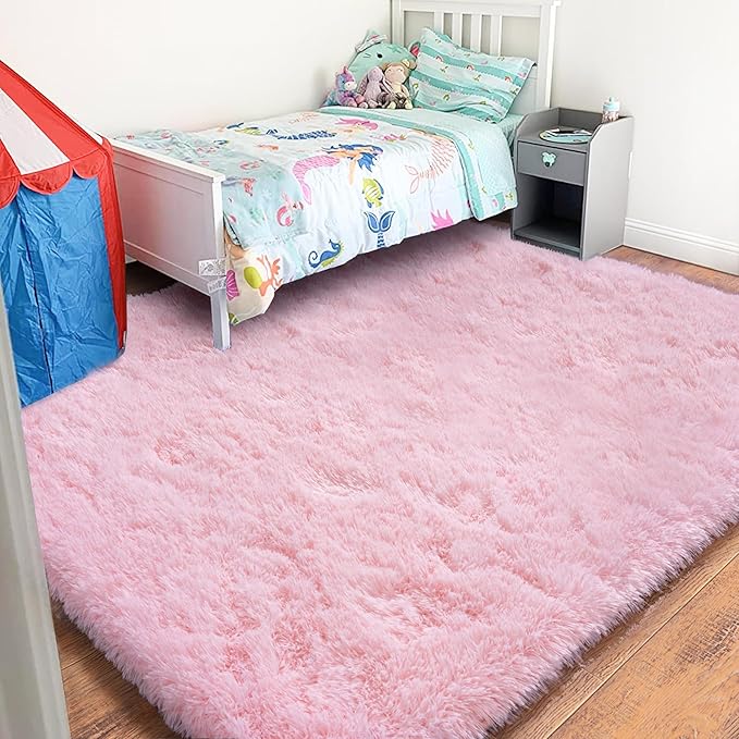 Pink Rug for Girls Bedroom, 5x7 Area Rug for Cute Girls Room, Bedside Indoor Floor Fluffy Shag Carpet, Plush Soft Rug for Living Room Nursery Dorm Home Decor