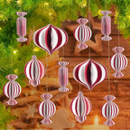 12Pcs Red and White Christmas Decorations, 3D Candy Paper Honeycomb Ornaments for Tree, Decorative Hanging Ornaments Craft Balls Honeycomb Lanterns for Xmas Tree New Year Holiday Party Home Decor