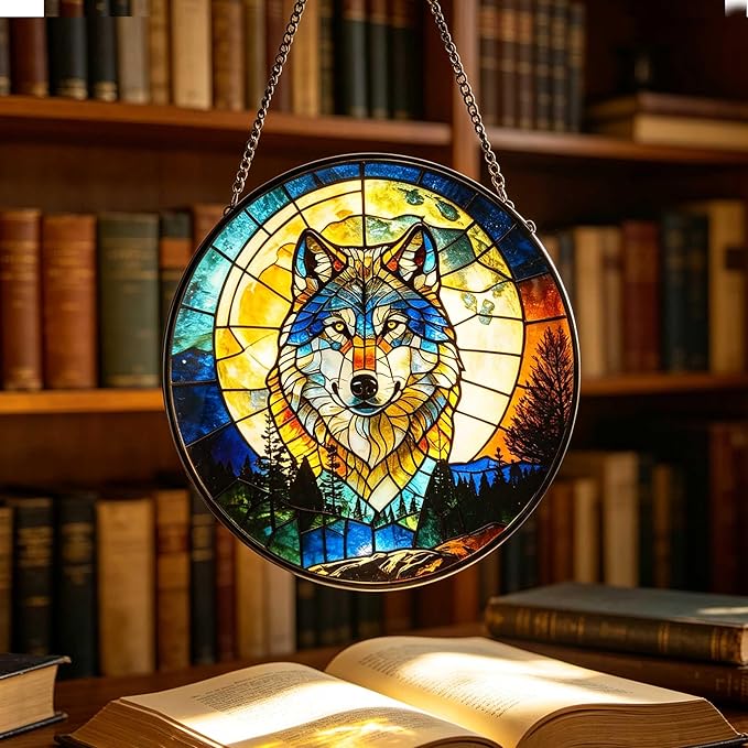 Stained Glass Window Hanging, Stained Glass Suncatcher, Sun Catcher, Window Hanging Decor, Gifts for Fathers Day or Mathers Day, Christmas or Birthday Gift, Gifts for Friend (Wolf W/Moon)