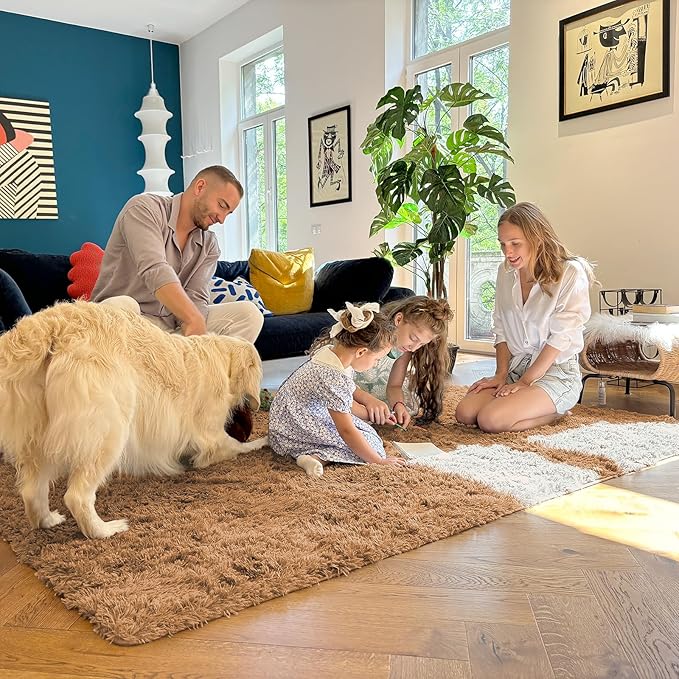 OLANLY Area Rugs for Living Room Bedroom, Machine Washable 4x5.9 ft Soft Fluffy Shaggy Bedside Rug, Indoor Floor Carpet for Kids Girls and Boys, Dorms, Nursery Rooms, Home Decor Aesthetic, Khaki