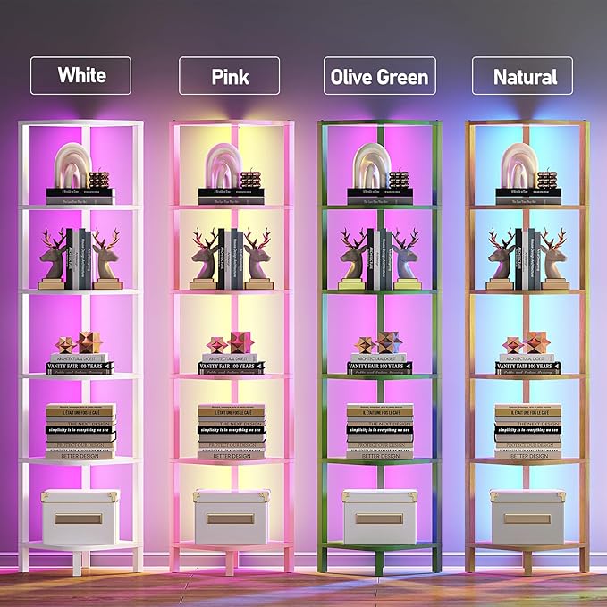 TUTOTAK Corner Shelf with LED Light, 6-Tier Corner Bookshelf for Small Space, Narrow Display Corner Shelf Stand with Storage Rack, for Living Room, Bedroom, Pink BS08BP006L
