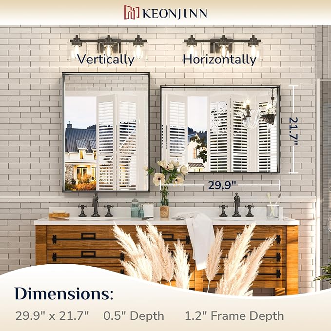 Keonjinn Black Bathroom Mirror 22 x 30 Inch, Brushed Black Framed Mirror for Over Sink, Rectangle Wall Vanity Mirrors with Square Corner, Alumium Frame, Modern Farmhouse Style