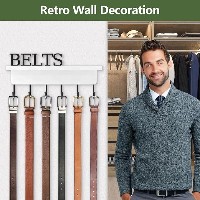 Belt Hanger Organizer for Closet, Wall Mount Belt Rack, Wooden Belt and Tie Organizer for Stores and Displays Mens Accessories (Length 9.8”) White