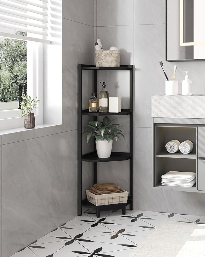 Hzuaneri Corner Shelf Stand, Corner Bookshelf, Storage Standing Shelf Unit with Metal Frame, Plant Stand, Bookcase for Living Room, Home Office, Bedroom, 4-Tier Black CS05806B