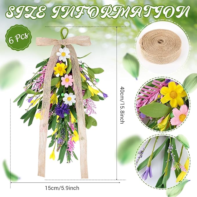 6 PCS Spring Summer Teardrop Swag with Bow Artificial Wildflower Sconce Lighting Swag Wreath Lavender Daisy Wisteria Candlestick Wreath Green Eucalyptus Floral Swag for Wall Cabinet Chandelier Decor
