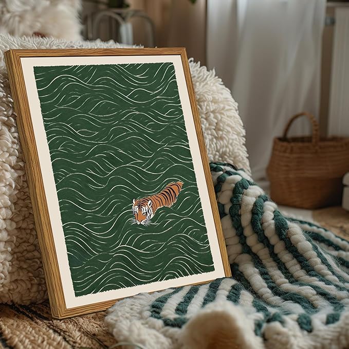 Framed Japanese Tiger Wall Art, Vintage Tiger Swimming Pictures Wall Decor, Funny Wild Animal Paintings Canvas Prints Eclectic Home Decor for Living Room Bedroom Bathroom 12x16 inch
