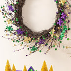 Glitzhome 20" Wreath Decoration Glitter Purple Gold Green Berry & Fleur-de-Lis Wreath Carnival Front Door Decoration for Indoor Outdoor Holiday Party Favors