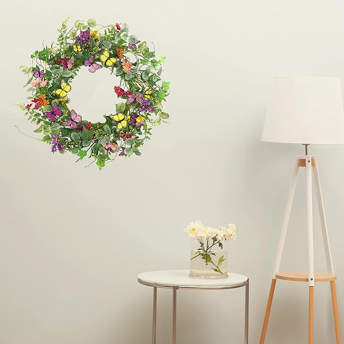 20" Artificial Spring Summer Wreath with Fake Butterflies,Eucalyptus Leaves,Daisy,Dry Vine Branches,Fern Leaves for Front Door Indoor Outdoor Farmhouse Wall Holiday Decor, White Gift Box Included