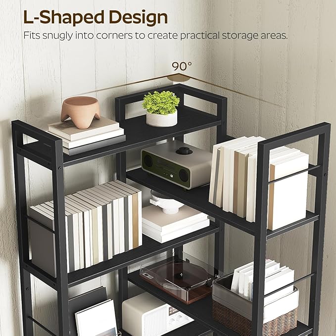 YATINEY Corner Bookshelf, 7 Tier L-Shaped Bookcase with 3 Drawers, Storage Corner Shelf, Freestanding Tall Display Shelf, Industrial Style, for Living Room, Home Office, Black SJ10BB