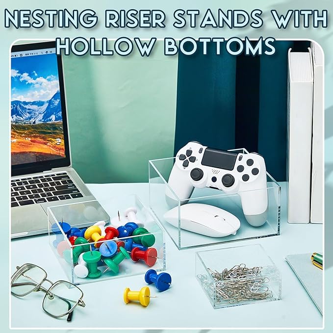 Jerify 6 Pcs Acrylic Risers Display Stands, 5.91'' 5.12'' 3.54'', Clear Square Nesting Pedestal Shelf with Hollow Bottom for Tabletop Jewelry Display, 3 Sized
