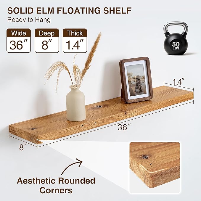 Dreamland 36" Solid Elm Wood Floating Shelves, 8" Deep Wall Shelves for Home Decor, Floating Shelf with Invisible Bracket, Heavy-Duty Display Shelf - for Living Room, Kitchen, Bathroom, Set of 2