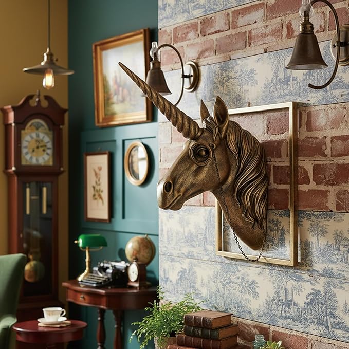 JJALIGHTS Exquisite Resin Animal Head Wall Sculpture (Gift Metal Frame) - Imitation Copper Vintage Decor for Living Room, Bedroom & Office | Decorative Wall Hanging Art (Unicorn)