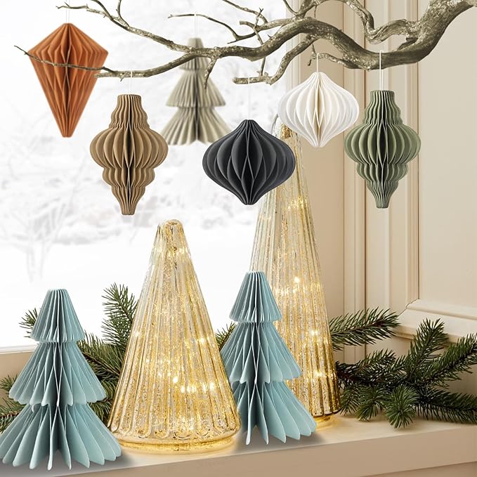 EASY JOY Christmas Party Decorations - 8 PCS Hanging Honeycomb Paper Ornaments Vintage Christmas Tree Decorations Paper Honeycomb Decor for Xmas, New Years Party, Ceilings, Home Decor