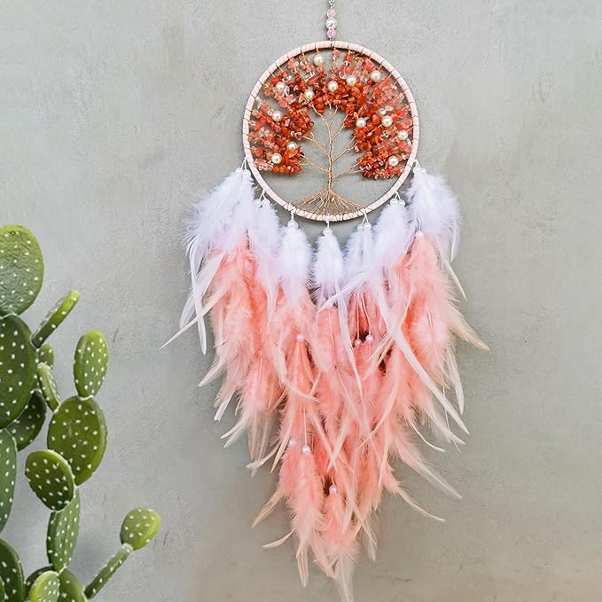 Dream Catchers, Pink Dream Catcher Tree of Life Wall Decor, with Natural Healing Crystal Stone, Perfect Rose Agate Handmade Dreamlike Dream Catcher for Girls Bedroom Decor Art Craft Gift