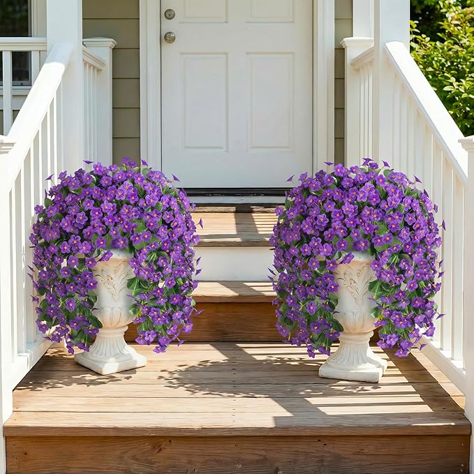 HyeFlora Artificial Faux Hanging Flowers for Outdoor Outside Spring Decoration, 2PCS Fake Silk Purple Daisy Plants UV Resistant Look Real Orchid Mums Vine for Front Door Porch Planter Balcony