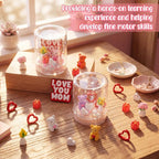 Sotiff 12 Sets Mother's Day Craft Bulk DIY Snow Globe Gift with Mini Resin Heart Bear Vase with Flower Figurines Gift Box 3D Love Heart Love You Mom Wooden Sign for Mom Birthday Classroom Activity
