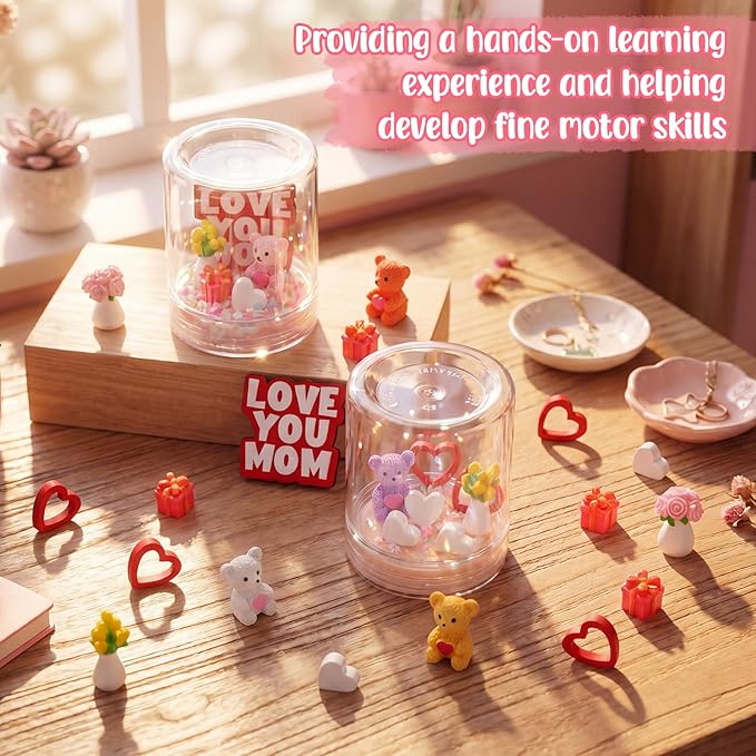 Sotiff 12 Sets Mother's Day Craft Bulk DIY Snow Globe Gift with Mini Resin Heart Bear Vase with Flower Figurines Gift Box 3D Love Heart Love You Mom Wooden Sign for Mom Birthday Classroom Activity