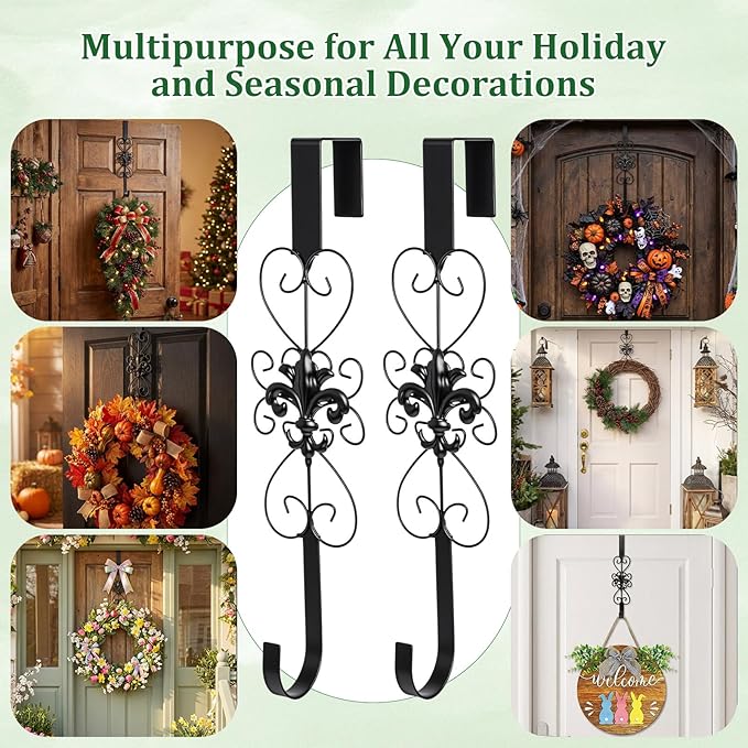 2 Pcs Wreath Hangers for Front Door Heavy Duty Metal Wreath Hook 15.5 Inch Door Hanger Elegant Design Decor Wreaths Hanger for Easter Christmas Indoor Outdoor (Black)