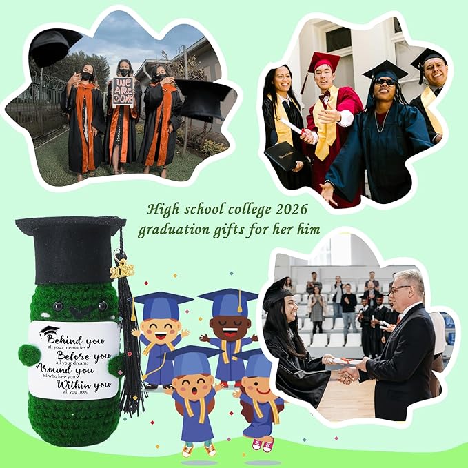 2026 Graduation Emotional Support Doll High School 2026 Graduation Gifts for Him Her Positive Crochet Decor 5.9 inch Mini Handmade Knitted Doll Grad Gift for Women Men