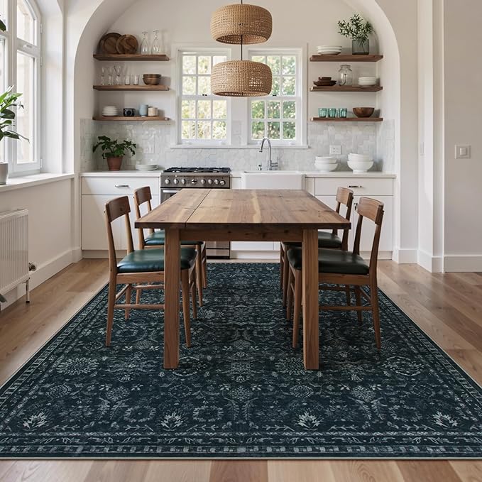 Lahome Black Area Rug for Living Room 8x10,Boho Washable Thin Carpets for Office Decor,Vintage Rubber Backed Non Slip Rug for Bedroom Dorm Apartment Hardwood Floors