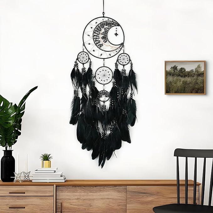 Large Dream Catchers, Handmade Woven Moon Healing Crystal Stone Dream Catcher Wall Hanging Ornament for Bedroom Living Room Wedding Party Decor, Festival Blessing Craft Gift (Black Moon)