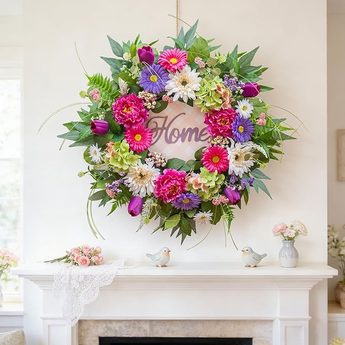 Spring Wreaths for Front Door- 24Inch Summer Wreaths with DIY Wooden Home Sign, Artificial Hydrangea, Peony, Tulip & Gerbera Flowers, Spring and Summer Door Wreaths for Indoor Outdoor Decor