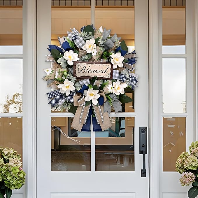 Waipfaru Spring Summer Wreaths for Front Door, 22 Inch Magnolia Wreath with Eucalyptus & Blue Grey Burlap Bow, Front Door Wreath for Farmhouse Porch Outdoor Decor Outside All Season (1 Pcs)