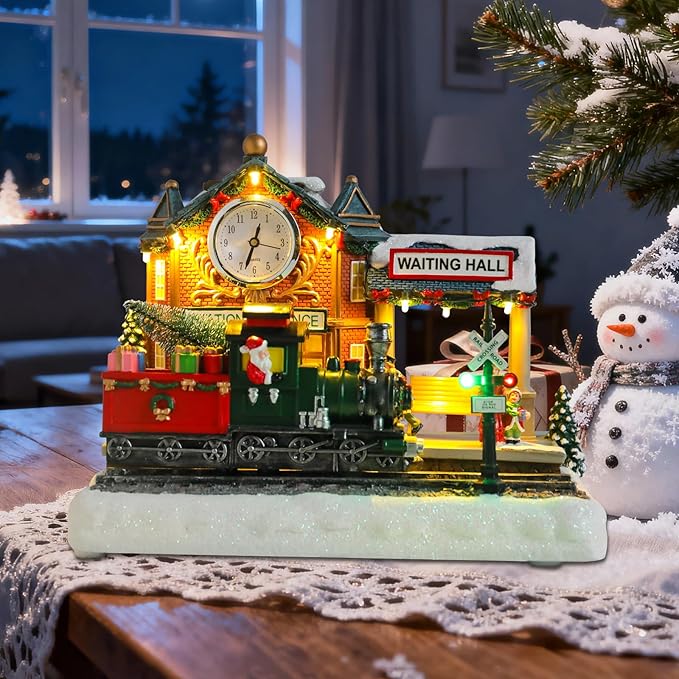WONDER GARDEN Christmas Village Houses-Christmas Houses Village - Lighted Musical Railway Station Collectible Buildings with Moving Train for Home Indoor Decor or Gift
