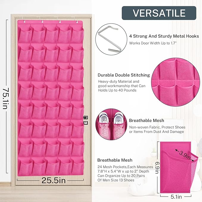 40-Pocket Over the Door Shoe Organizer - Large Mesh Pocket Hanging Shoe Organizer,Behind the Door Shoes Storage Holder Hanger